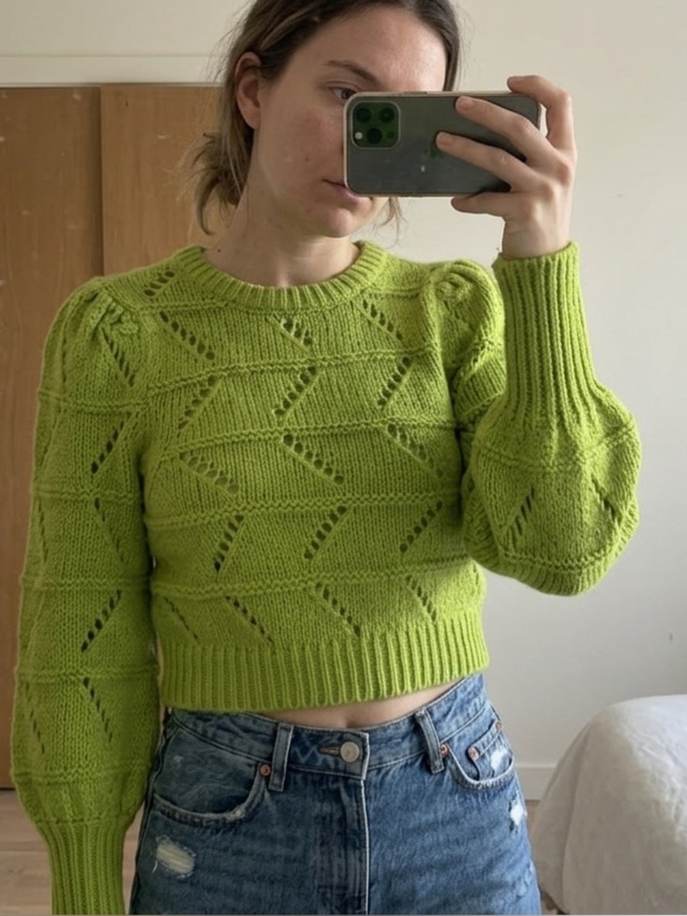 LPA Lime Green Alpaca Wool Knit Crop Sweater XS Balloon Sleeve Revolve